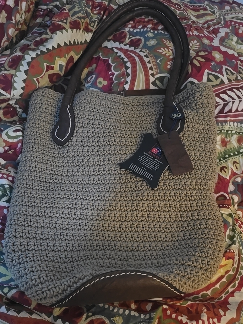 Ameri Leather - Brown Leather-Trim Crochet Tote Bag in Taupe